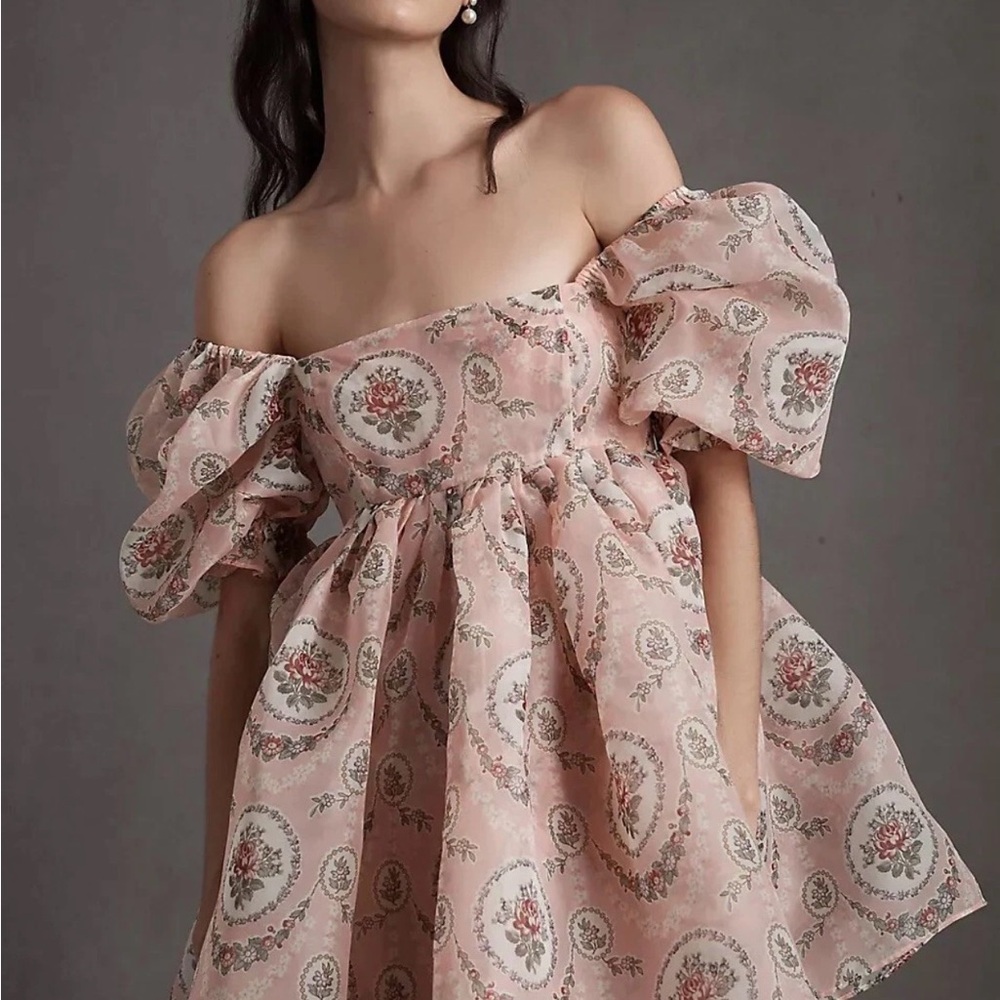 Selkie Pink Floral Medallion Puff-Sleeve Mini Dress - Picture 2 of 5